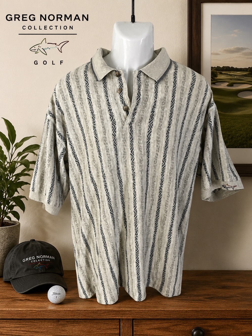 Greg Norman Collection Polo Shirt Large Cream Blue Textured Golf Cotton